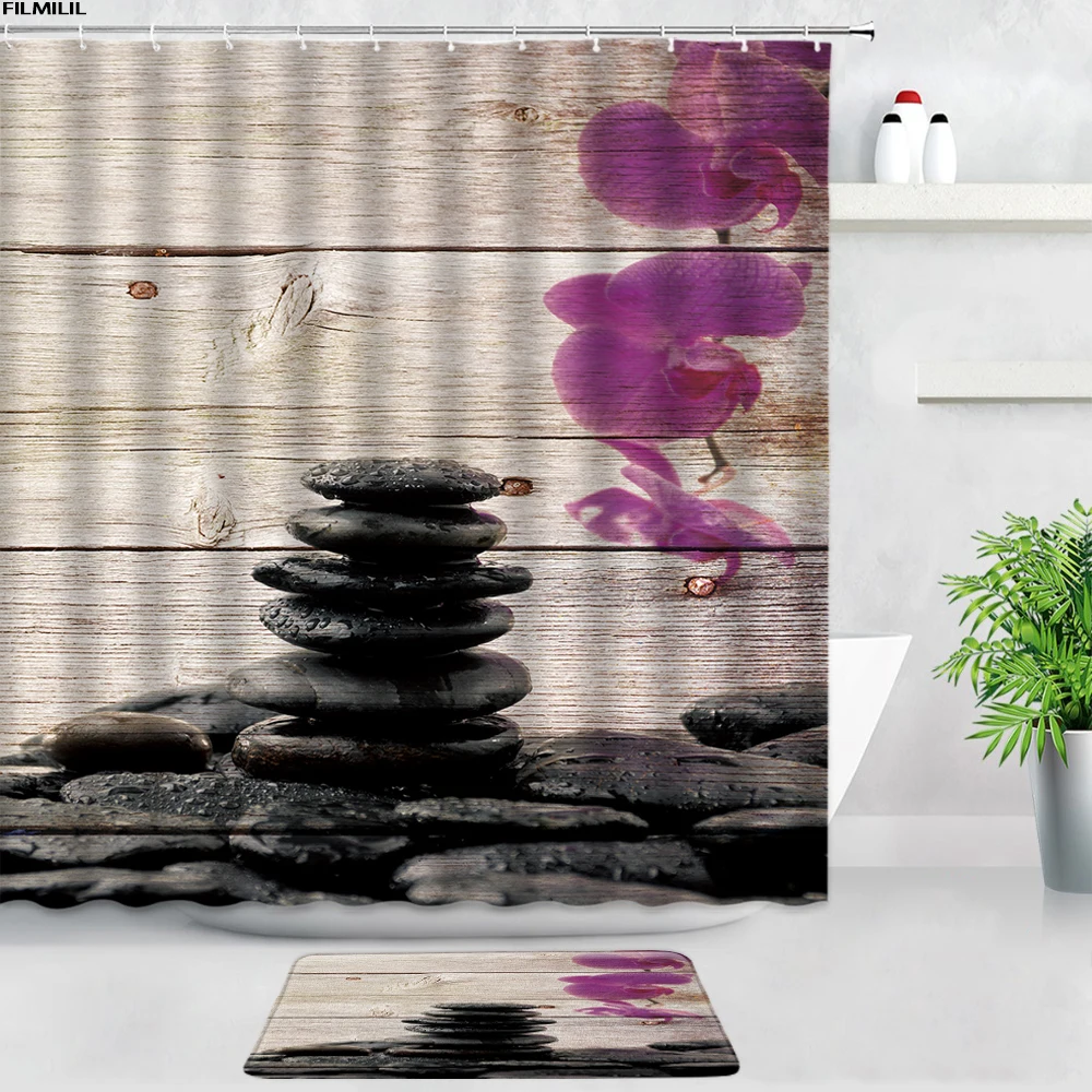 zen green bamboo buddha shower curtains bath mats set black stone flowers garden scenery bathroom carpet non slip rug home decor free global shipping