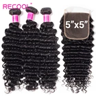 Recool волосы глубокая волна пучки с 5X5 Кружева Закрытие Remy бразильские волосы плетение пучки вьющиеся человеческие волосы 3 пучка с закрытием