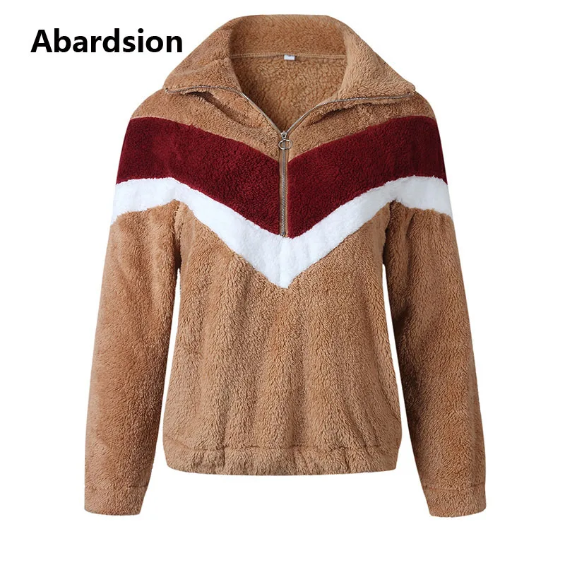 CAMEL Abardsion/осень-зима, теплые меховые толстовки, верхняя одежда, Женский пуловер, Повседневный, пэчворк, на молнии, с длинными рукавами, плюшевая Толстовка - Цвет: CAMEL