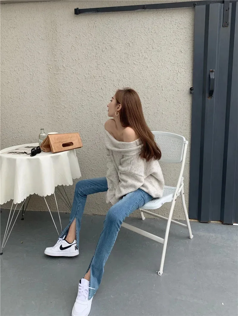 

Korean High Waist Jeans Women Fashion Split Demin Flare Pants Loose Straight Floor Trousers