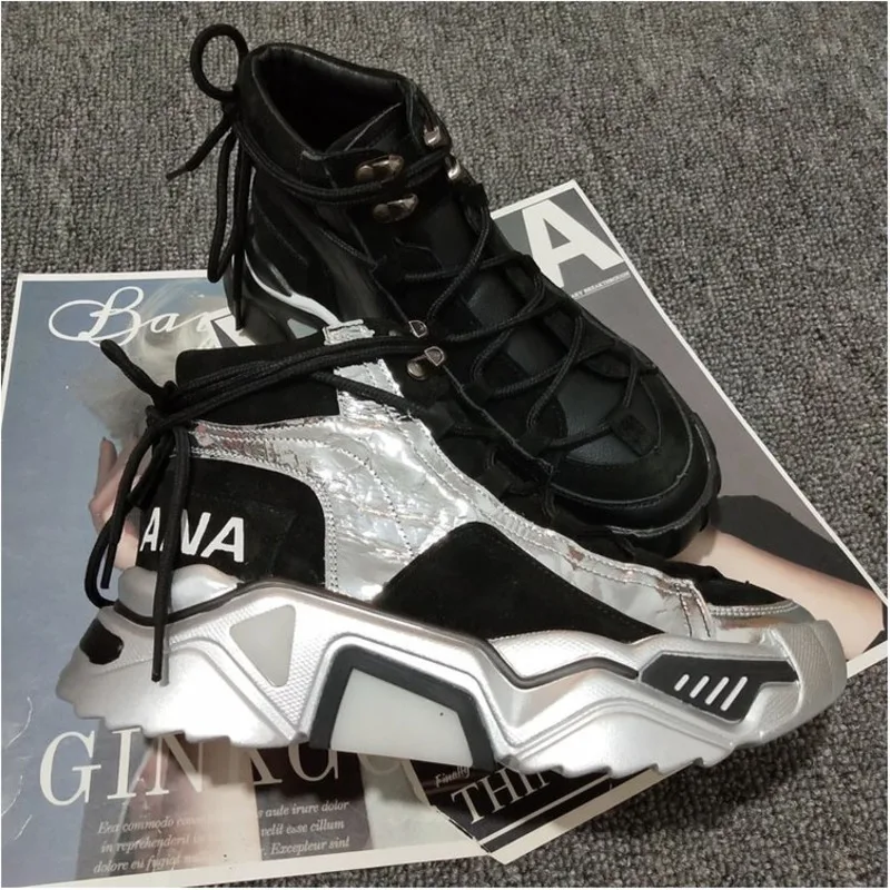 Женские спортивные ботинки на платформе черные или Серебристые ботильоны со