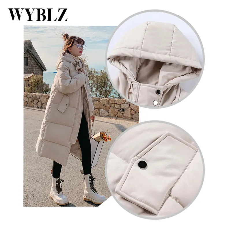 WYBLZ Winter Padded Warm Parkas Women Korean Loose Thicken Cotton Jacket Casual Solid Hooded Long Coat Oversized Womens Clothing