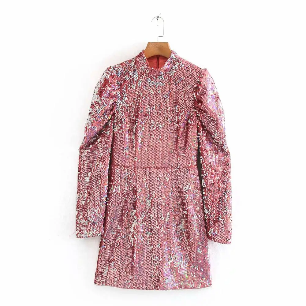 Женское мини платье с блестками и воротником стойкой пышными рукавами на молнии