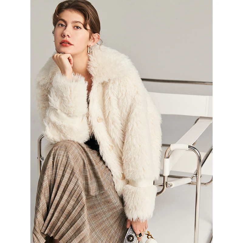

Wool Blends Thick Warm Fur Shearling Jacket Abrigos Mujer Invierno 2020 Wide-waisted Single Breasted Cropped Jackets