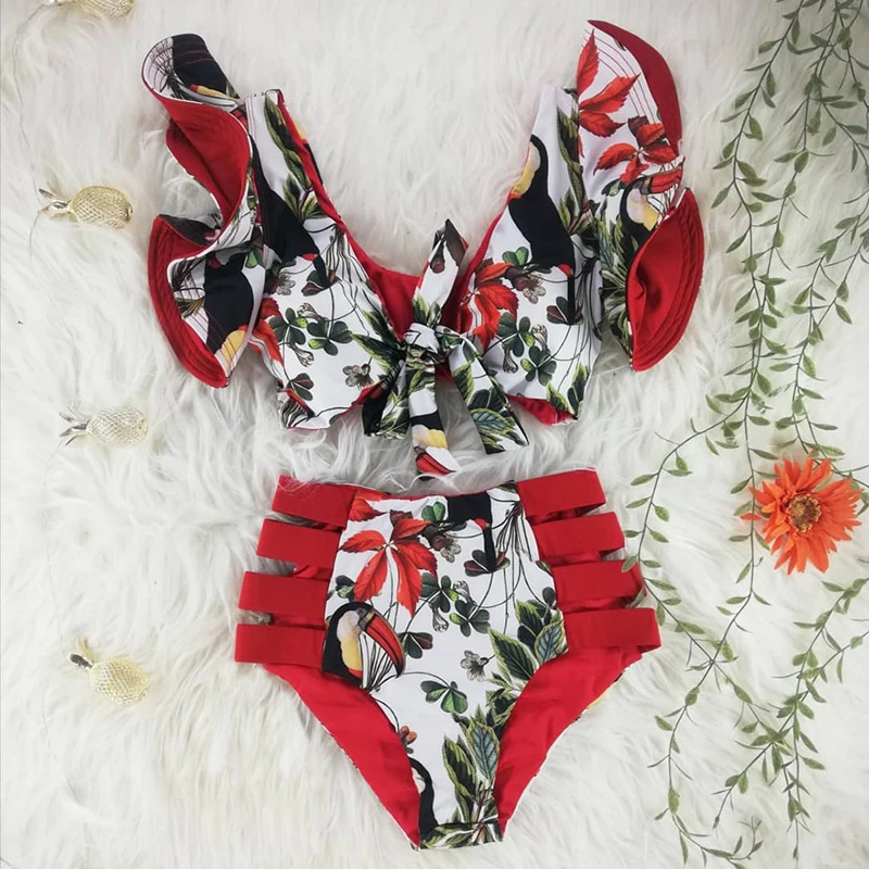 

Fashion Floral Ruffled Hem Bikini Set Women V-Neck High-Waist Two Piece Swimsuit 2021 Lady Beach Bathing Suit Swimwear Biquini