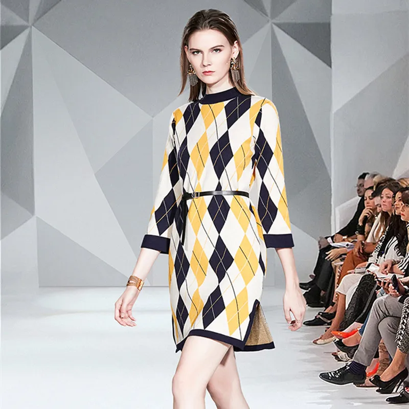 Женское шерстяное платье-свитер с геометрическим узором элегантное свободное