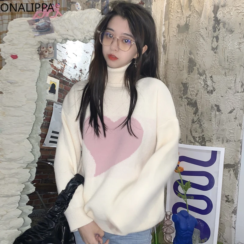 

Onalippa Women Turtleneck Pullover 2021 autumn Winter New Love Print Design Niche Lazy Gentle Style Knit Sweater Female Top