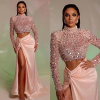 2 pcs mermaid evening dress sequin long sleeve prom gowns side split beading aso ebi sexy party dresses