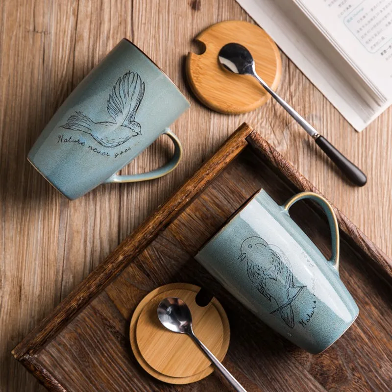 

Cartoon Simple Retro Bird Creative Mugs Ceramic Cup Round Creative Personality Gift Cup Drinking Cups Set Coffee Mug w Lid