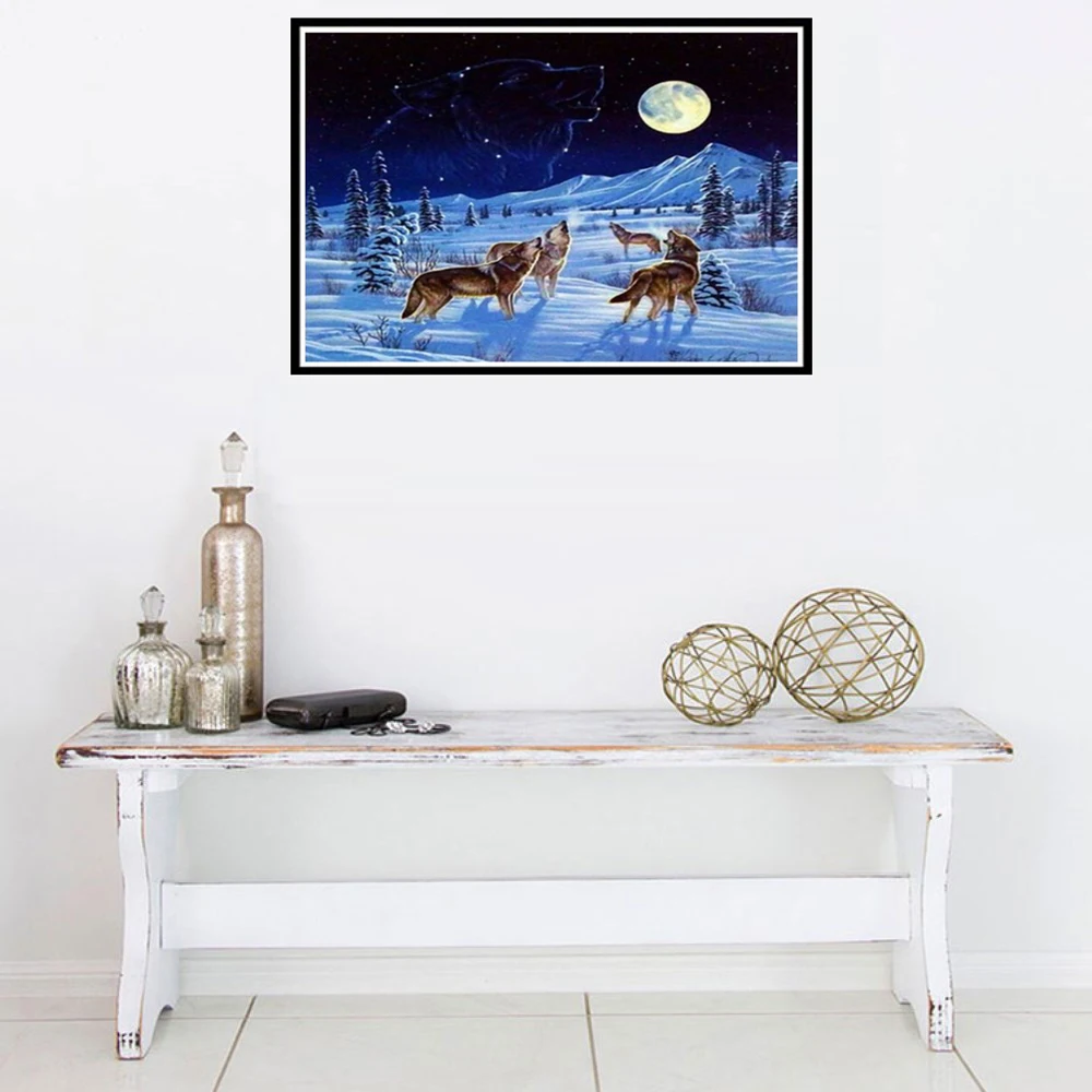 Алмазная живопись сделай сам 5D Снежная сцена волк животное пейзаж ночное небо