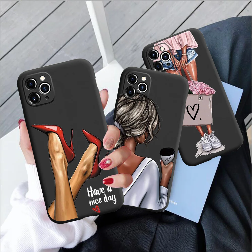 

Black Matte Case For iPhone 12 11 Pro Max 7 8 6 6S Plus X Xr Xs Max SE 2020 High Heels Girl Fashion Woman Silicone Cover Coque