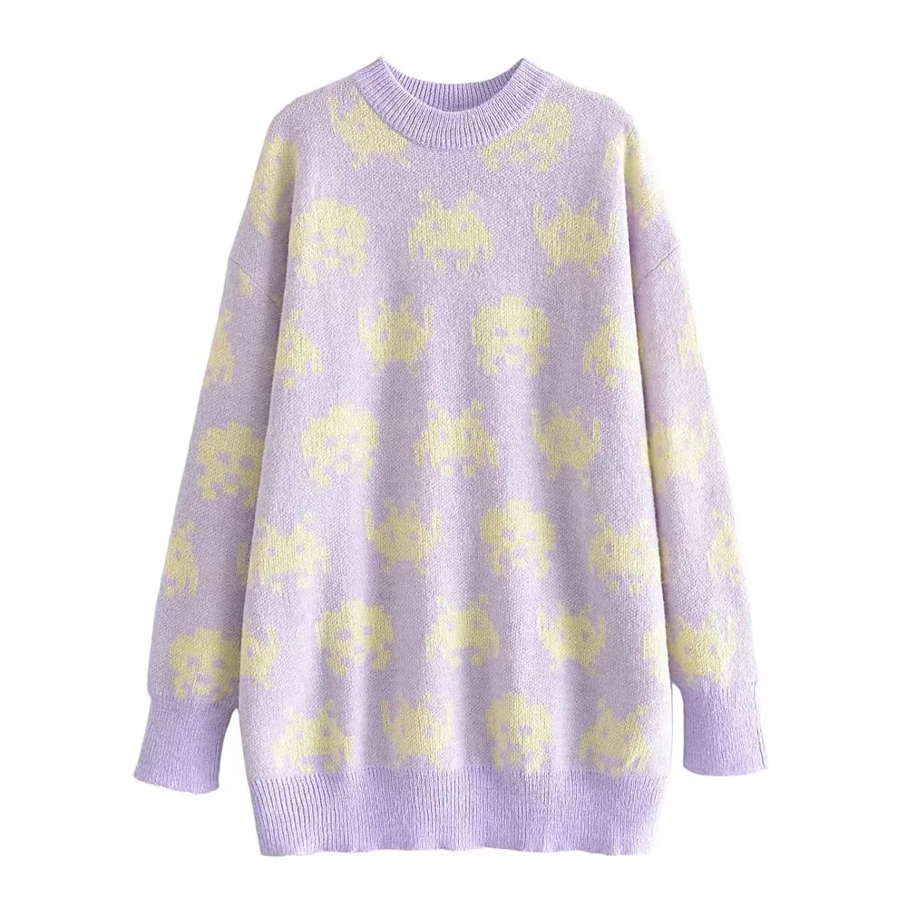 

BBWM 2021 New Autumn Women Vintage Round Neck Cartoon Jacquard Sweater Female Casual Pullover Sweet Loose Long Sleeve Chic Top