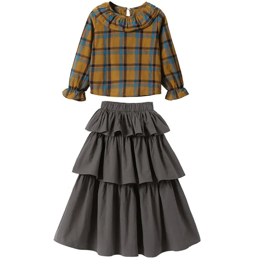 

Preppy Suit For Girls 4-12 Age Gingham Flare Sleeve Top+Cotton Pleated Layered Long Skirt Set Kids Spring Children Clothing Set