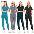 2021 Модные женские летние топы с коротким рукавом и V-образным вырезом и карманами для медсестры, сексуальные однотонные скрабы, набор униформы для клиники