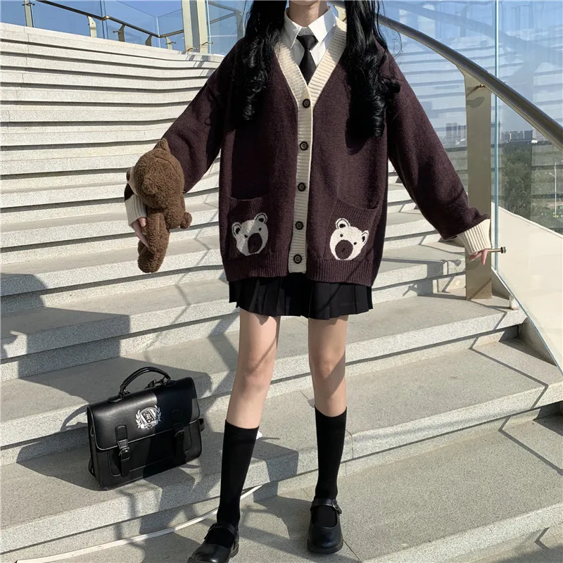 

Kawaii Women Sweater Y2k 2021 Japanese Jk School Uniform Sweet Preppy style Cute Bear Cartoon Print Knitting Cardigan Sweaters