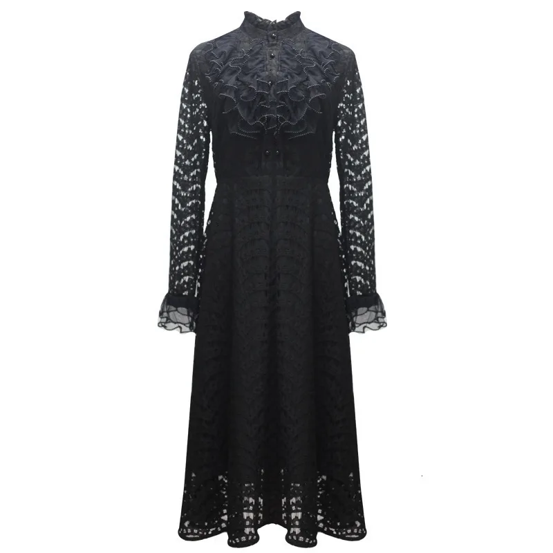 

Elegant Dress Autumn 2021 Hollow Out Sweet Flower Lace Collar Long Sleeve Lace Dress A-line 3XL 4XL 5XL Plus Size Vestidos Black