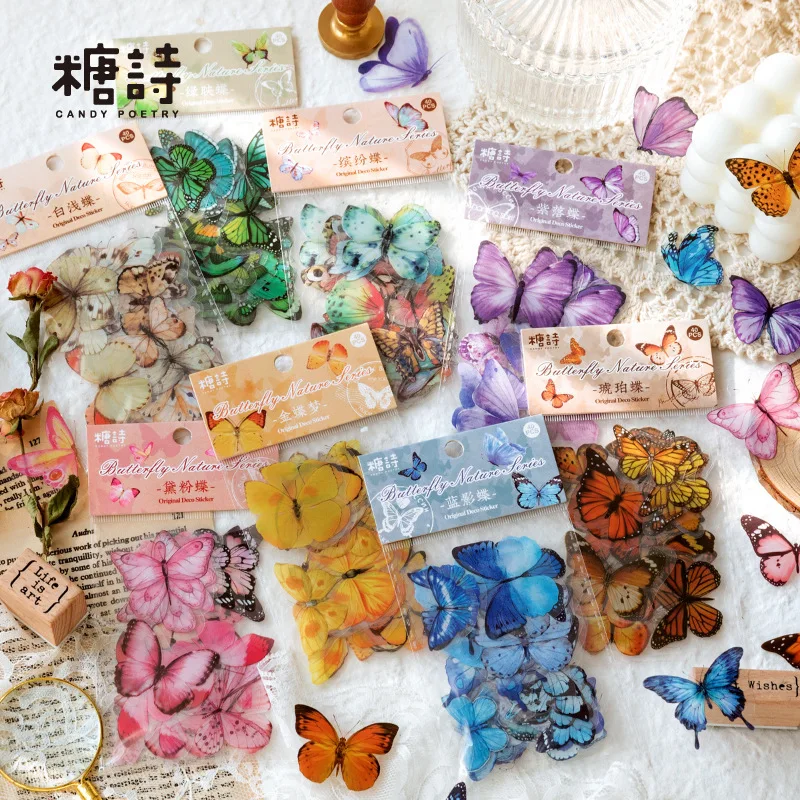 

40 Pcs PET Sticker Pack Natural Forest Color Butterfly Stickers Vintage Decorative Kawaii Stickers