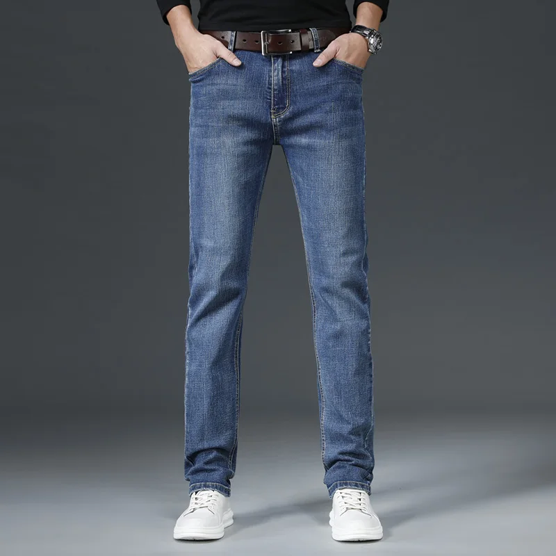Мужские деловые модные джинсовые брюки FAKUNTN 2021, повседневные брюки, Классические облегающие джинсы, прямые джинсы