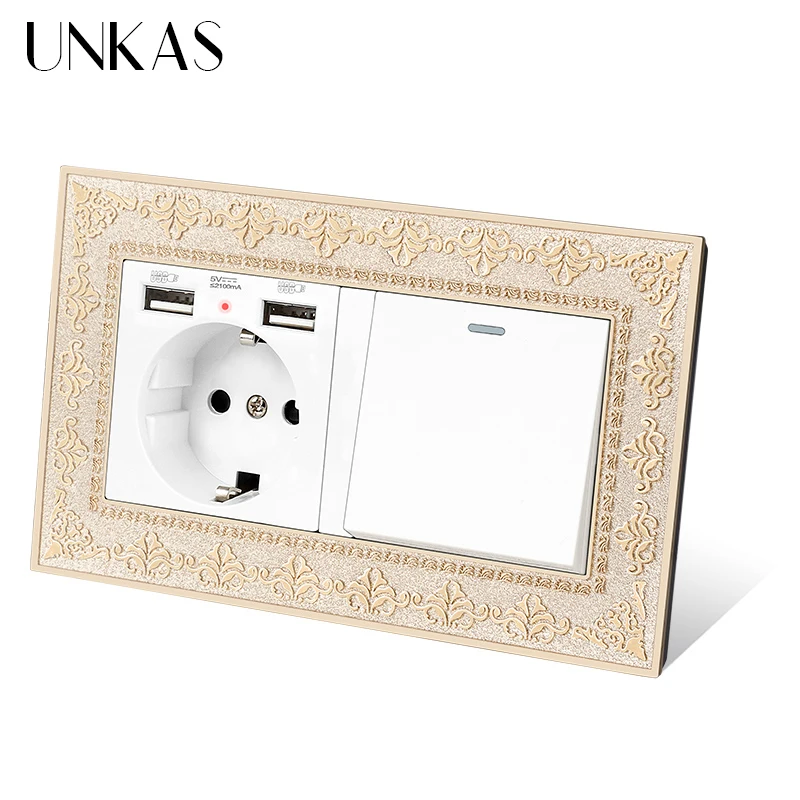 UNKAS 4D Zinc Alloy Metal Panel EU Socket Dual USB Port + 1 2 3 4 Gang / Way On Off Light Switch Embossing Retro Frame | Обустройство