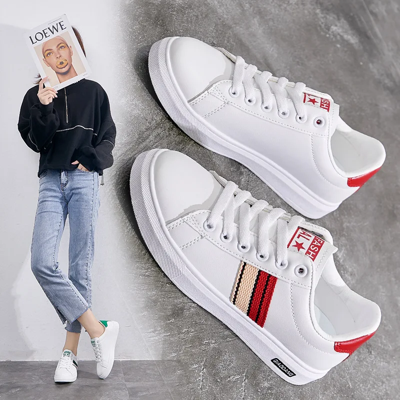 

New Spring Women Leather Casual Shoes Classical Vogue Girl Lace-up Striped White Leisure Flat Shoes Comfortable Sneakers 3 Color