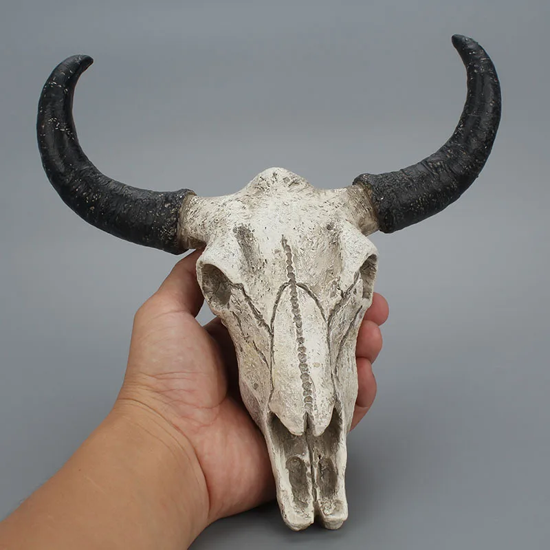 Resin Longhorn Skull Wall Hanging Decoration 3D Cow Wild OX Animal Wildlife Sculpture Figurines Crafts Horns For Home Decor