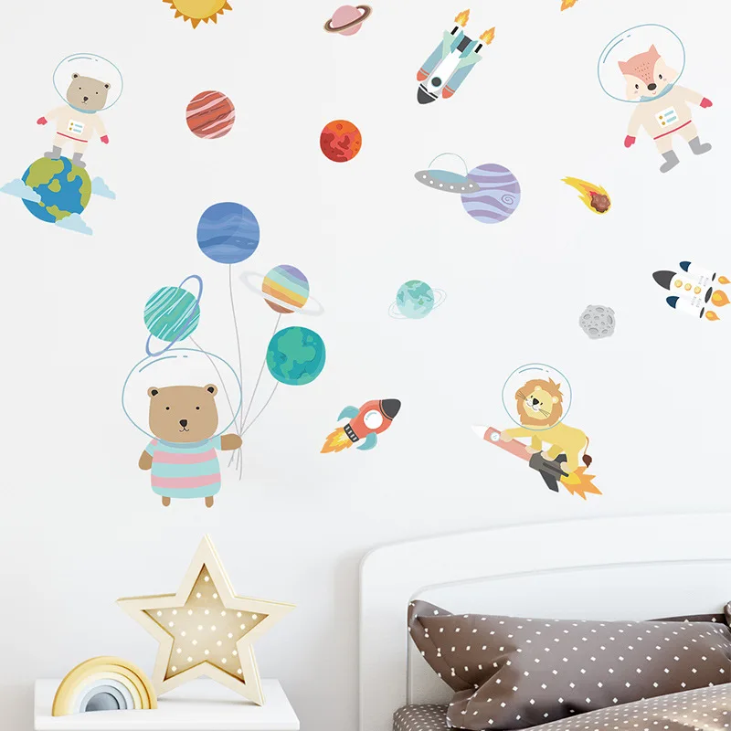

Zollor Cartoon Animal Astronaut Planet Rocket Wall Sticker Children's room Kindergarten Classroom Creative Decoration Stickers