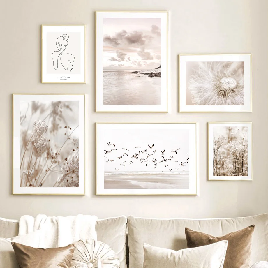 

Beige Grass Dandelion Mushroom Shell Seabird Line Dune Posters And Prints Wall Art Canvas Painting Wall Pictures For Living Room