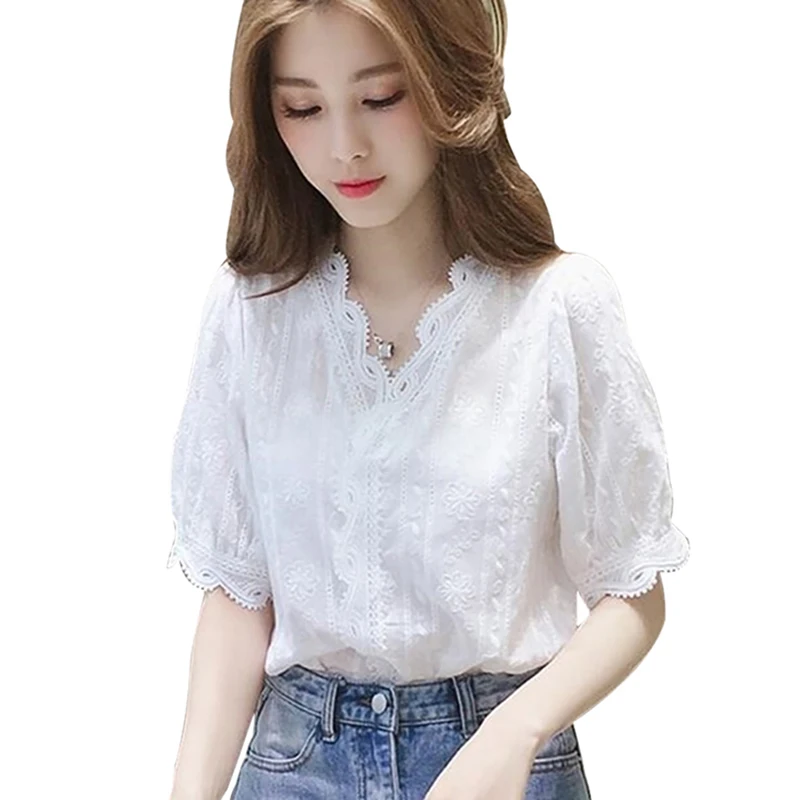 

New V-Neck Fashion Lace Hollow Out Sweet White Blouse Women's Casual Blouses Shirts Half Sleeves Solid Color Shirt women tops