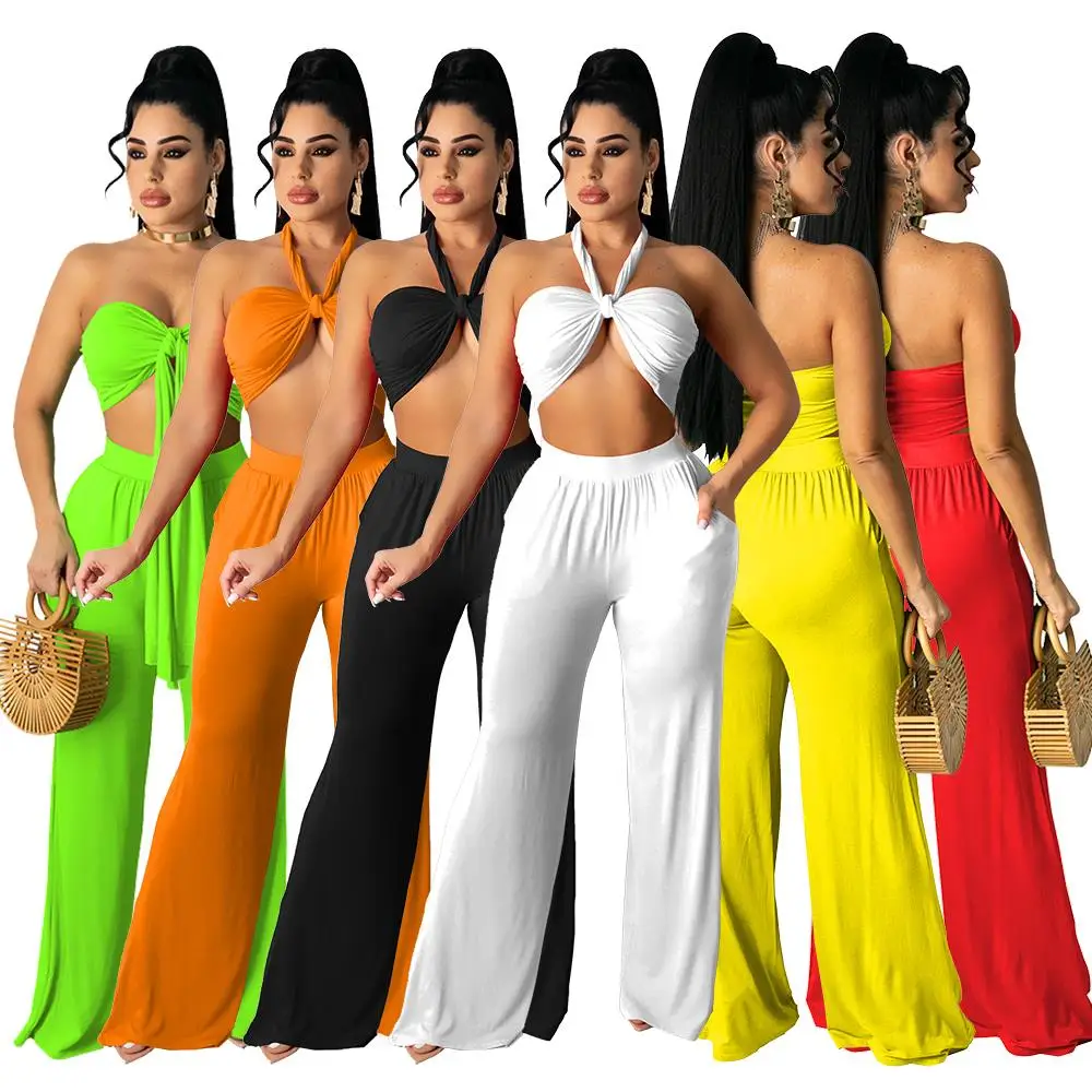 

2 Pieces Casual Sets Women Sexy Sleeveless Self Tie Crisscross Halter Neck Crop Tube Tops Wide Leg Long Pants Streetwear Outfits