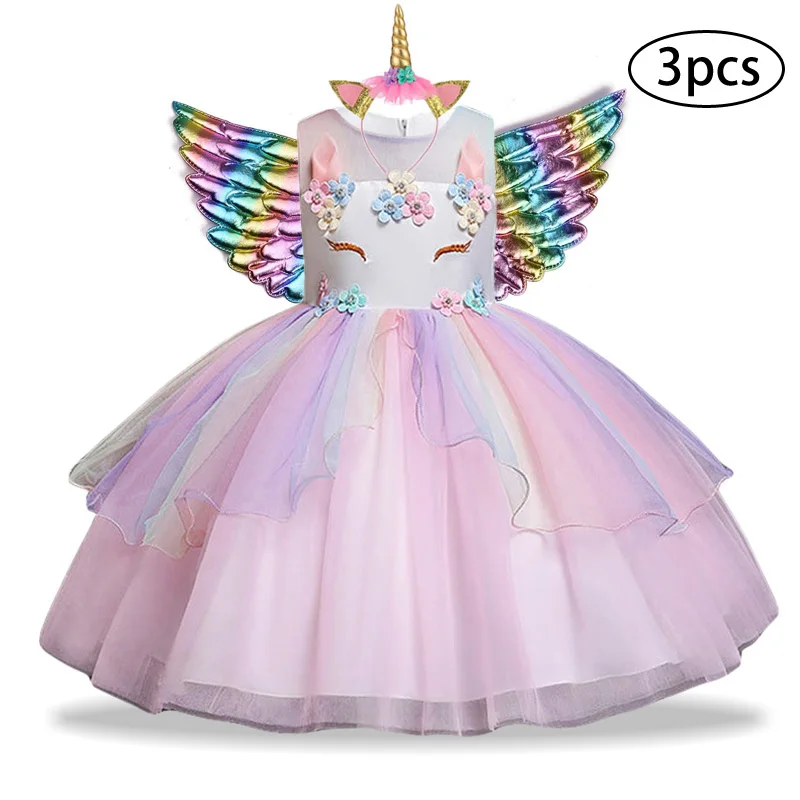 Girls Dress 3Pcs Kids Dresses For Unicorn Party Toddler Christmas Costume Child Princess 3 4 5 6 7 8 9 10 Year | Детская одежда и