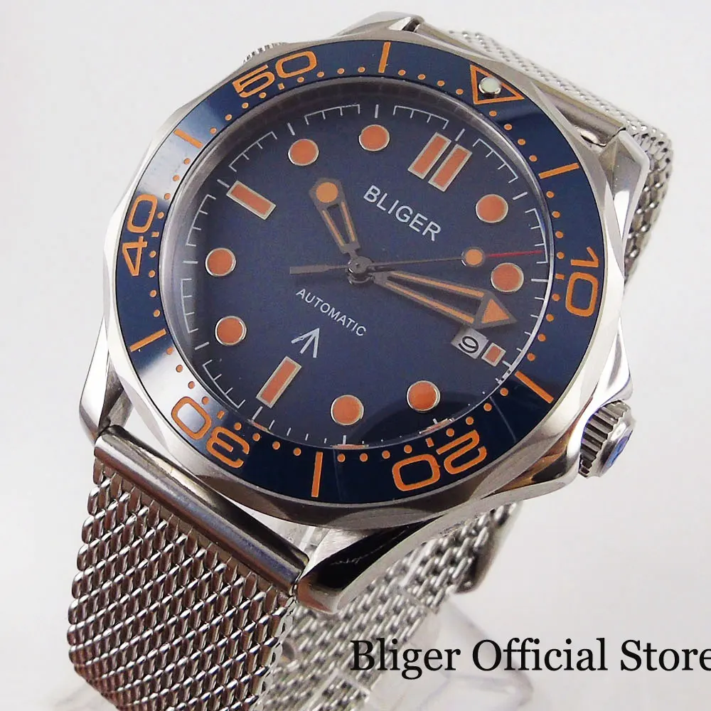 

Мужские наручные часы BLIGER Blue 41 мм с автоматическим перемещением, мужской t-образный вращающийся циферблат, дата, окно, мужской ремешок