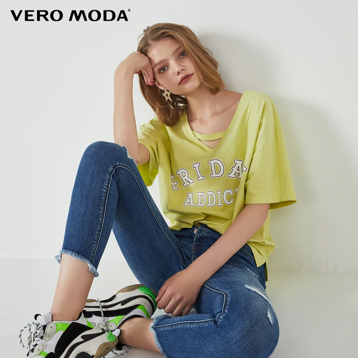 Lime sherbet Женская футболка с v-образным вырезом и буквенным принтом Vero Moda | 3191T1505 - Цвет: Lime sherbet