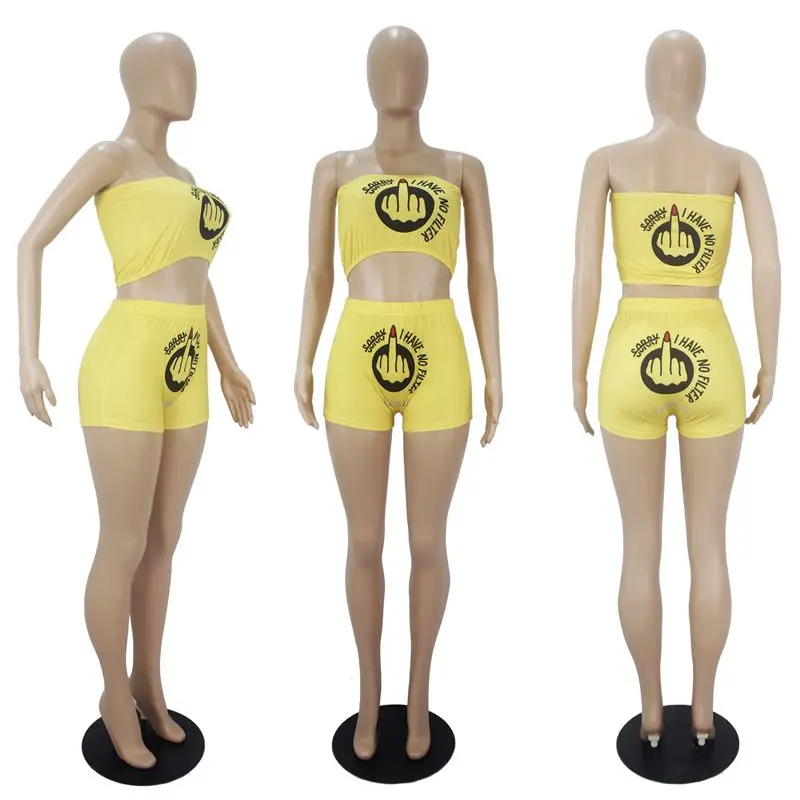 

ZKYZWX Two Piece Set For Women Sweatsuit Letter Print Strapless Tops Fashion Biker Shorts Fitness Outfit Suit