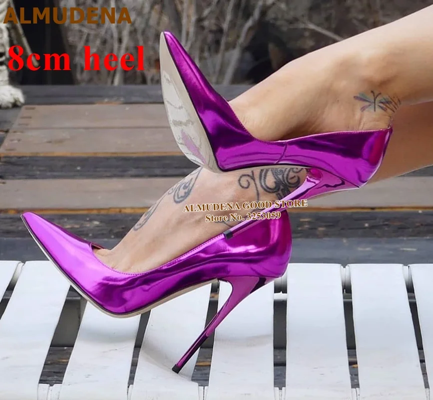 purple 8cm heel ALMUDENA/женские туфли-лодочки с острым носком; цвет флуоресцентный, фиолетовый; Каблук 12 см; модельные туфли из лакированной кожи; блестящие свадебные туфли на каблуке - Цвет: purple 8cm heel