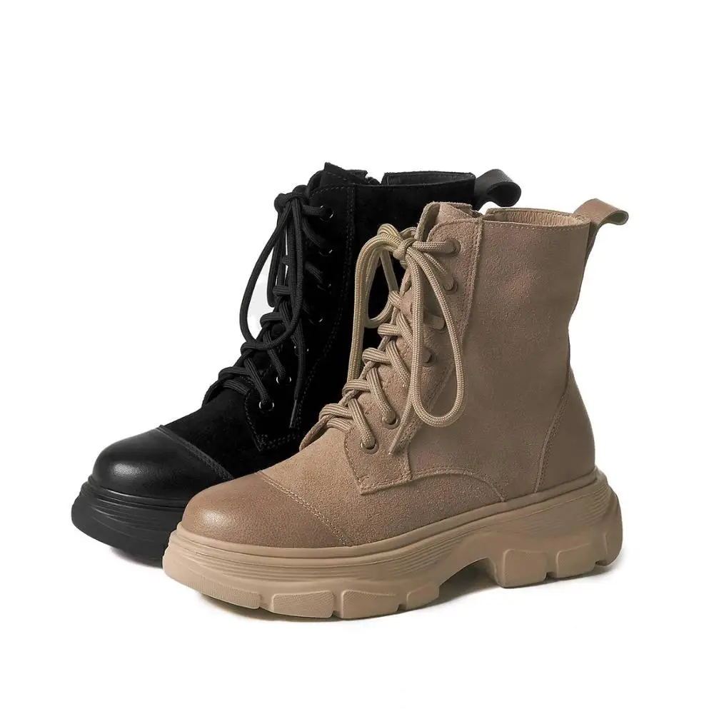

Vichelo Hot motorcycle boots real cow leather platform big size round toe thick high heel zipper handsome rock ankle boots L8f7