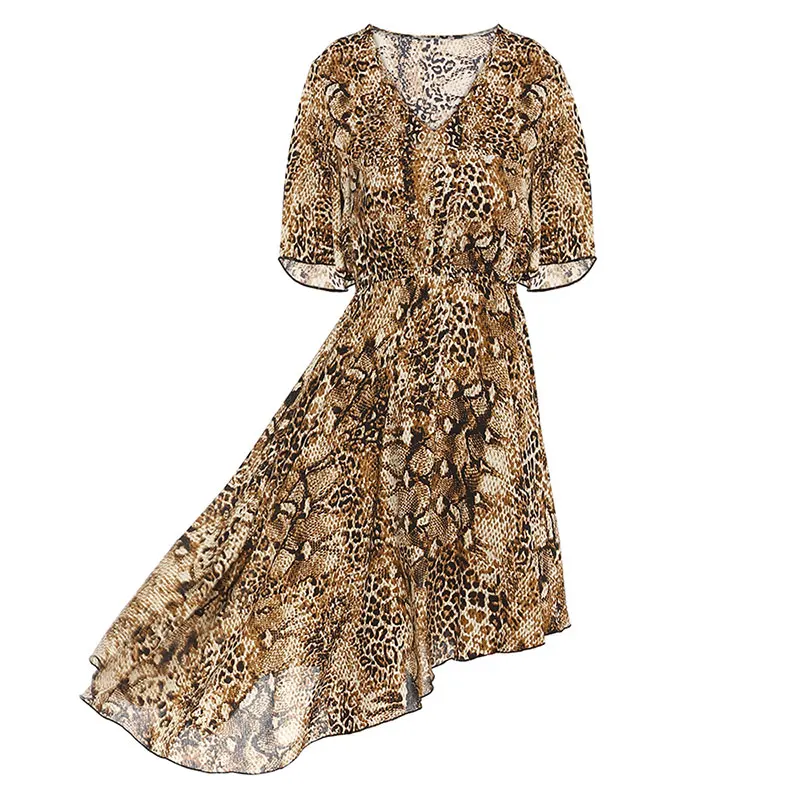 

Women Sexy Snake Pattern Print Dress V Neck Short Sleeve Elastic Waist Irregular Hem Slim Summer Holiday Mini Dresses vestidos