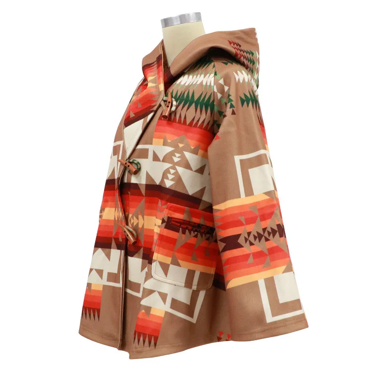 

Women's Long-Sleeved Hooded Jacket Printed Woolen Overcoat for Autumn and Winter