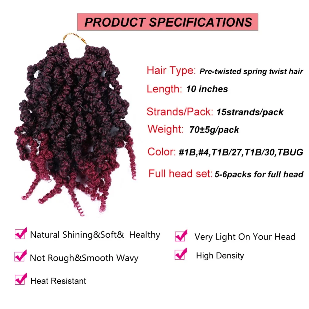 Bomb твист вязальные волосы 10 дюймов Весна Твист плетеные страсти крючком косы