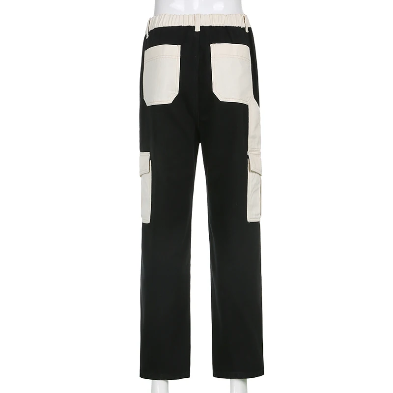 

Autumn Fashion Jogger Black White Patchwork Casual Jeans Pants Women Elastic High Waisted Denim Long Trousers Ladies Streetwear