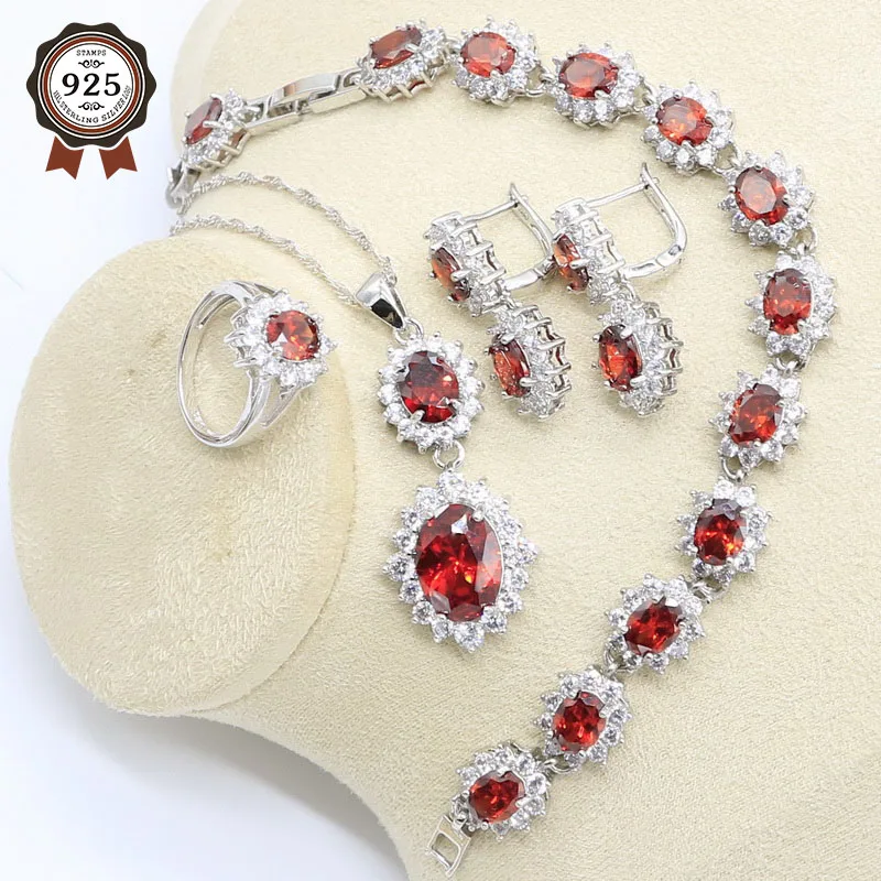 Набор украшений для женщин с красным цирконием набор браслет серьги ожерелье