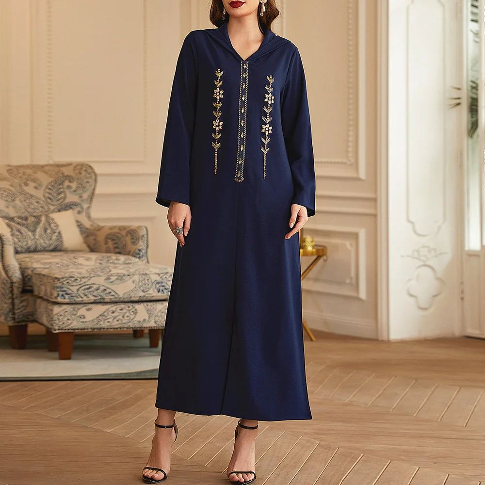 

2021 Women's Winter New Dress Casual Commuter Muslim Straight Long Sleeve Diamond V-neck Loose Embroidered Hooded Robe