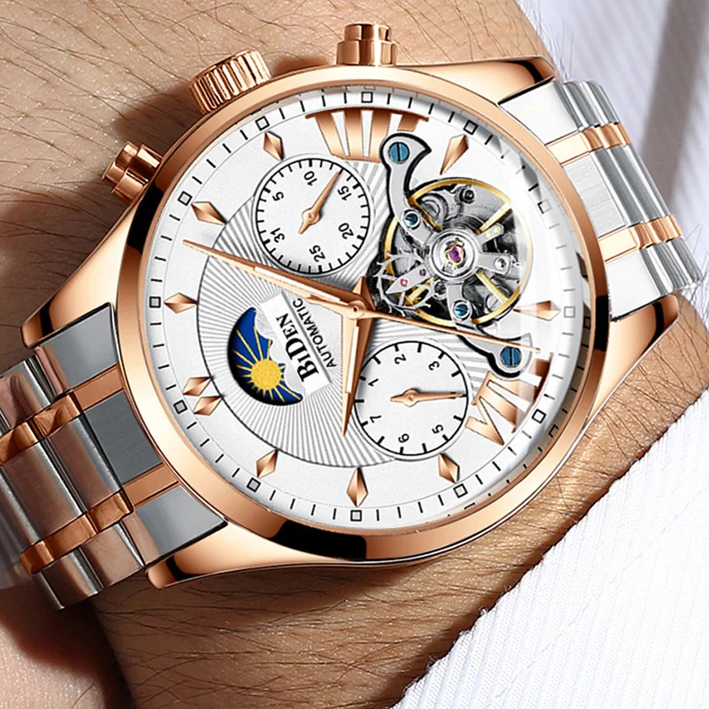 Мужские часы автоматические механические мужские золотые черные деловые