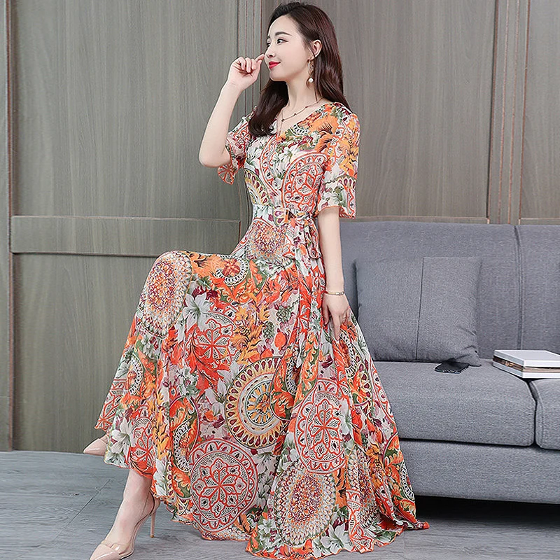 Летнее шифоновое женское пляжное богемное платье с цветочным рисунком