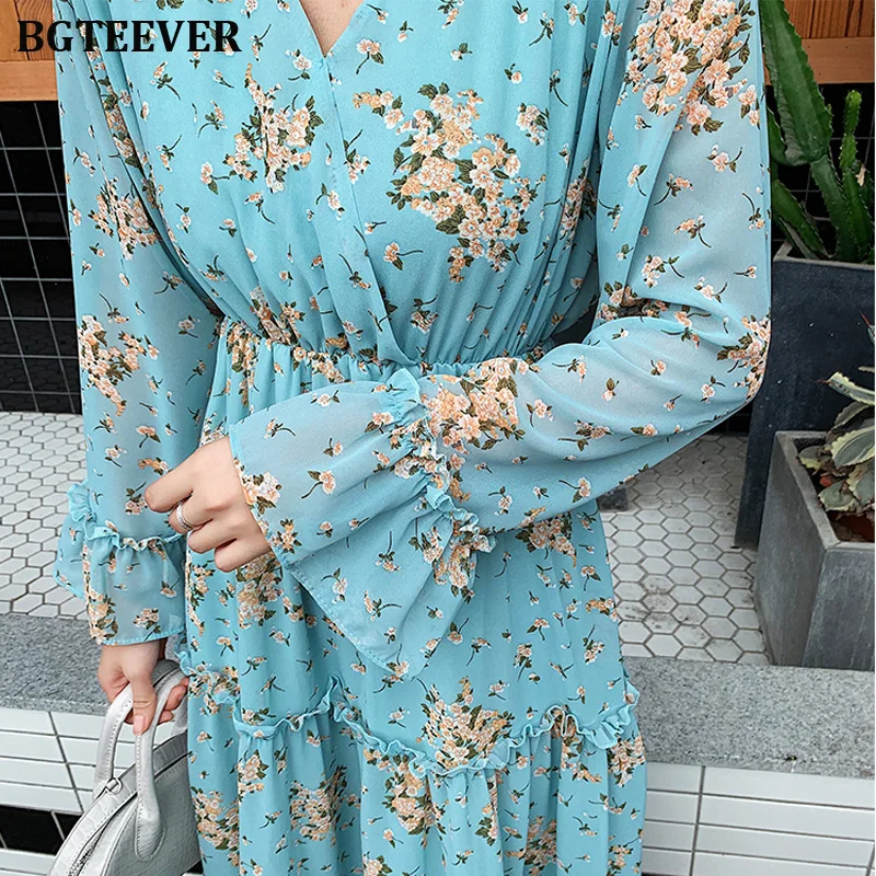 BGTEEVER элегантное женское платье трапециевидной формы с v-образным вырезом и Расклешенным рукавом с эластичной резинкой на талии миди женское платье с цветочным принтом шифоновое платье Vestidos femme