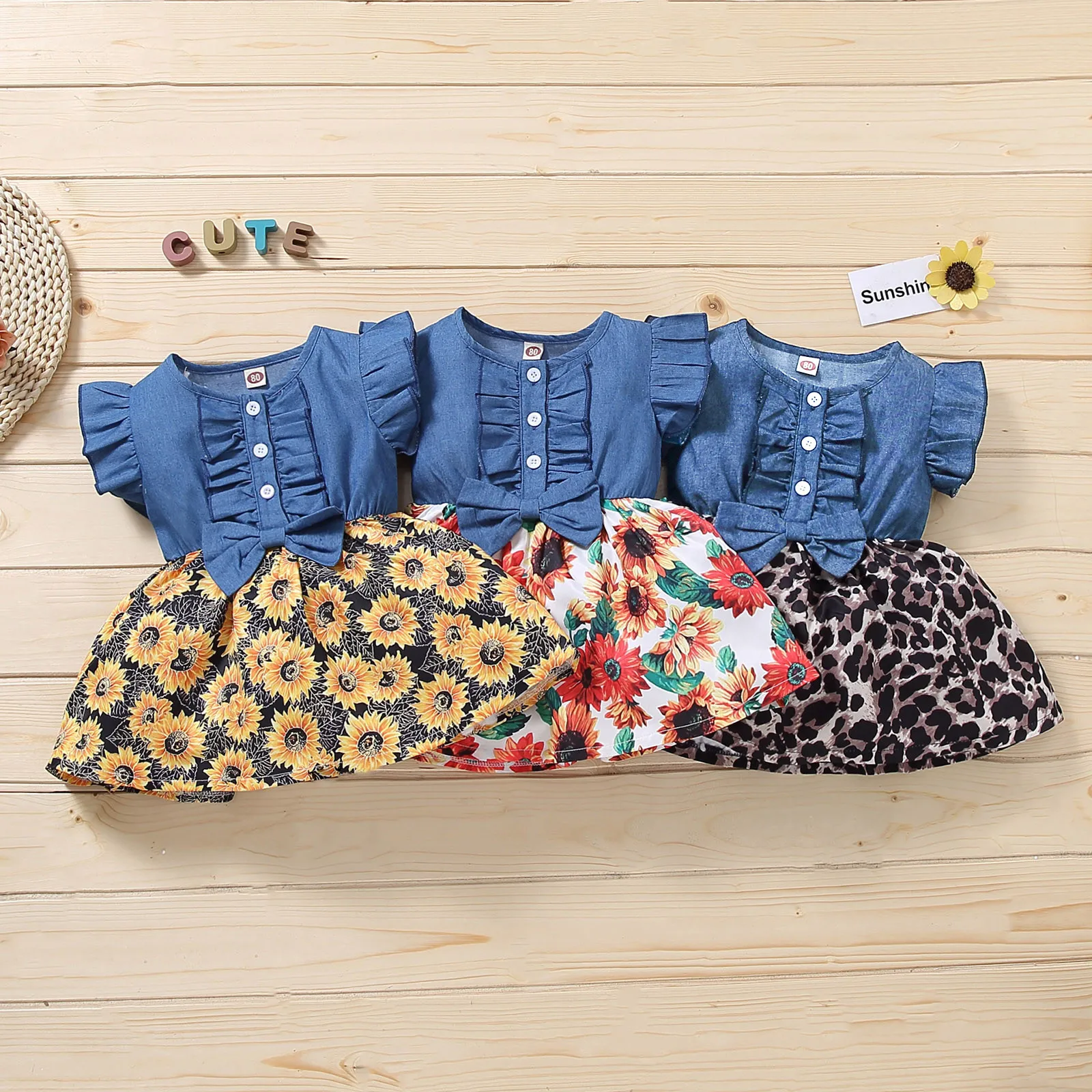 

Toddler Baby Girls Bowknot Denim Splice Sunflower Leopard Print Princess Dress плае для девоки Summer Baby Girl Dress 2021