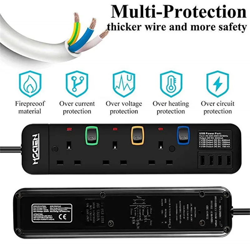 Удлинитель 3 м штепсельная вилка стандарта Великобритании гнезда 4 порта USB