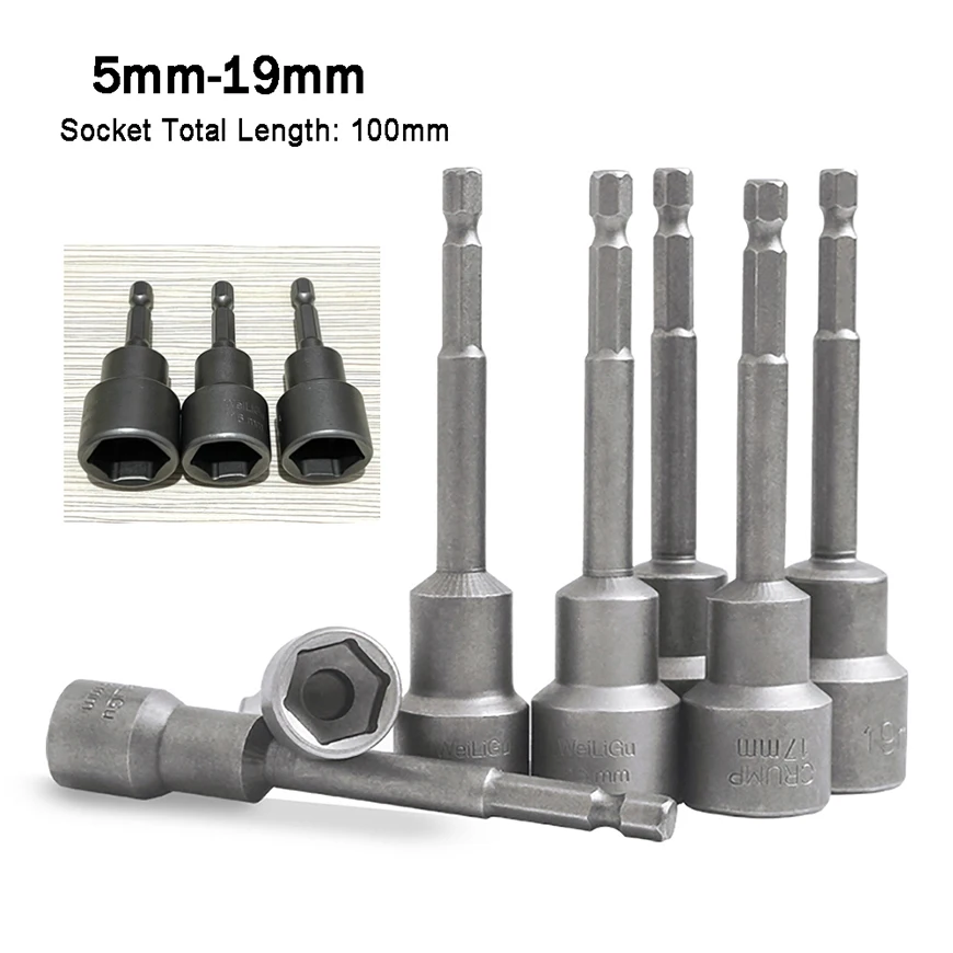 

1pcs 100mm Length Metric 5mm-19mm Hex Nut Socket Driver Bit Adapter Screwdriver 1/4"(6.35mm) Shank Allen Sockets Sleeve Wrench