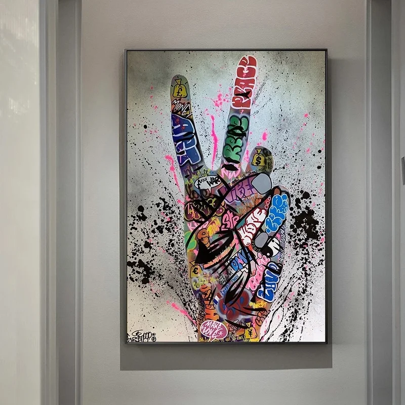 

Graffiti Art Poster Print Painting Street Art Gesture Victory on Canvas Hand Gesture Wall Pictures for Living Room Home Decor