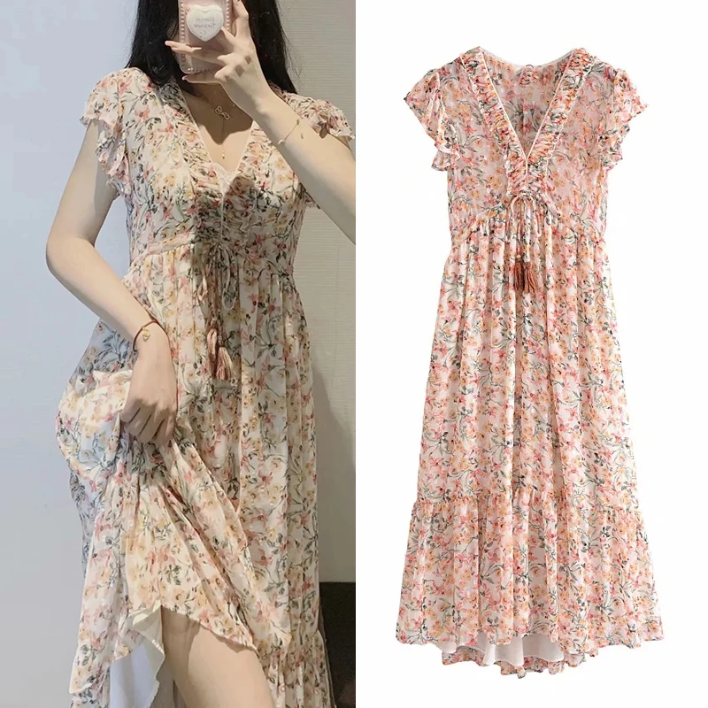 

WESAY JESI Fashion Summer Women's Dress 2021 Flowy Chiffon Dresses Elastic Waist Chic V-Neck Floral Light Elegant Female Daily