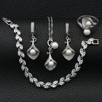 925 silver bridal jewelry sets for women wedding decoration white pearl crystal necklaceearringsbraceletpendantring